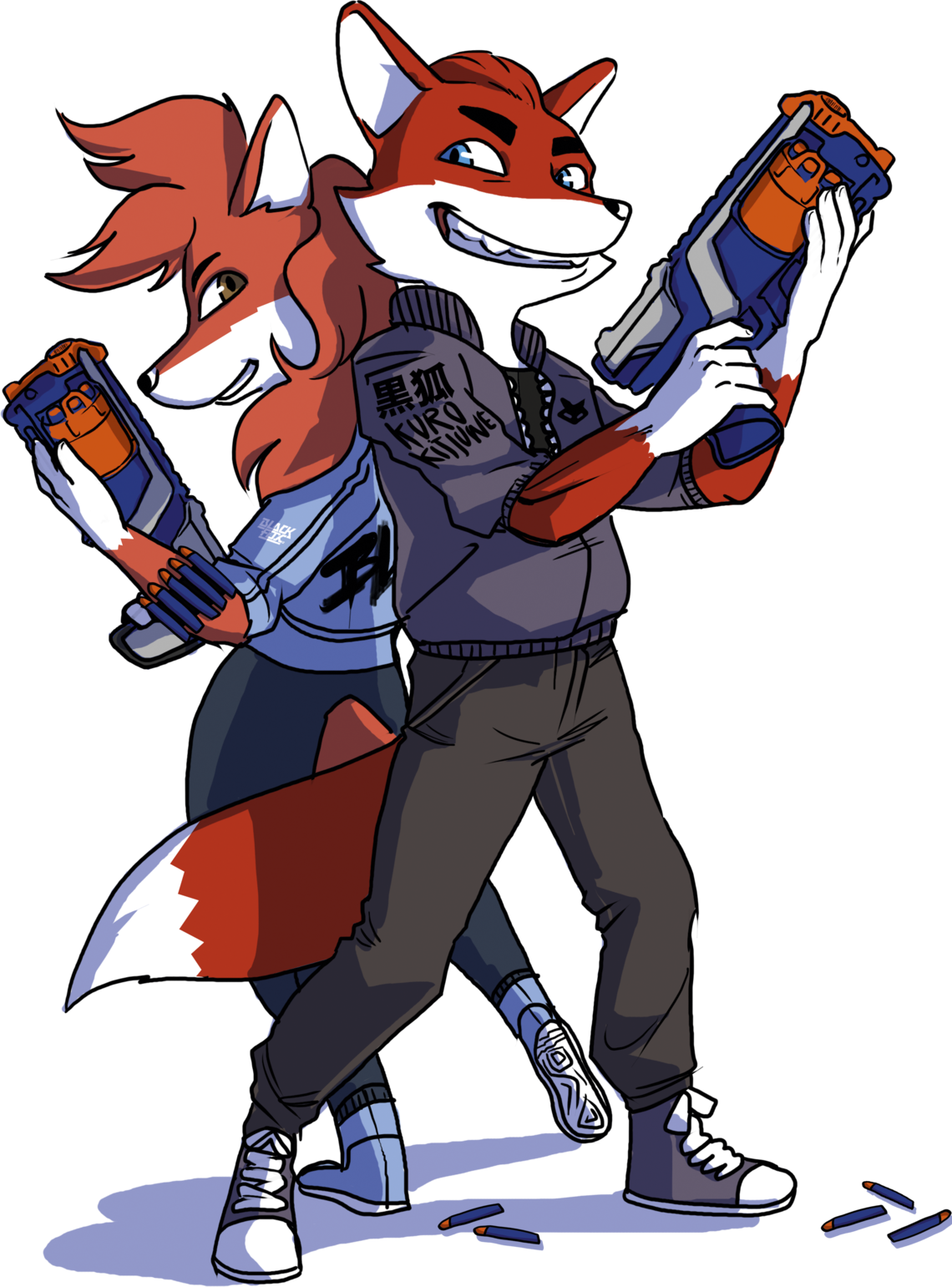 Nerf-Füchse Zwei Füchse, Rücken an Rücken mit einem Nerf-Blaster in der Hand