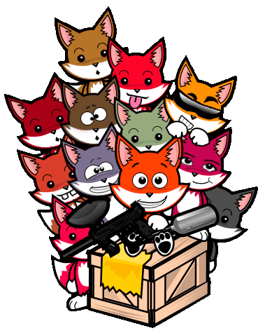 Gruppe aus bunten Comicfüchsen auf einer Kiste Paint mit Markierer